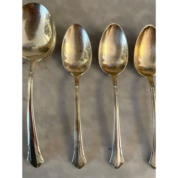 1930s Gorham Lady Caroline Silverplate 6 Teaspoon + 1 Soup Spoon Set Vintage - Picture 3 of 9